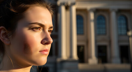 Pensive young woman contemplates life decisions against the backdrop of monumental architecture