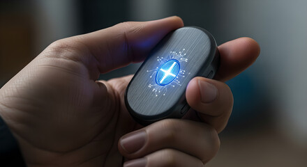 Person presenting a futuristic device with a glowing digital imprint symbolizing cutting edge