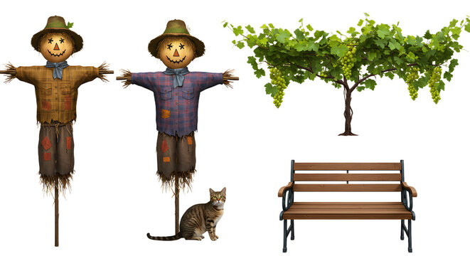 FARMING - Pair of rustic scarecrows with a cat and a wooden bench by grape vines, perfect for autumn and harvest themed projects - Powered by Adobe