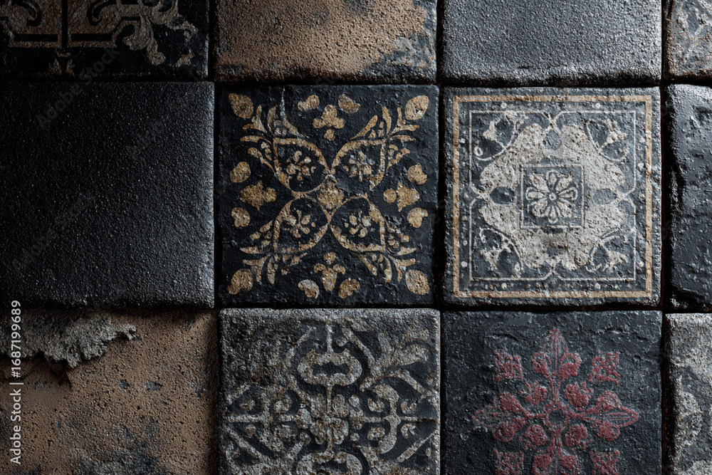Poster dark patterned square tiles old aged floor texture design