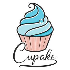 Vector illustration of a sweet dessert, a cupcake with delicious chocolate icing and a cherry on top, is a perfect decoration for a birthday celebration card