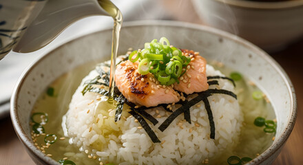 Preparing Japanese Salmon Ochazuke: A culinary delight with rice, seaweed, and savory broth in a