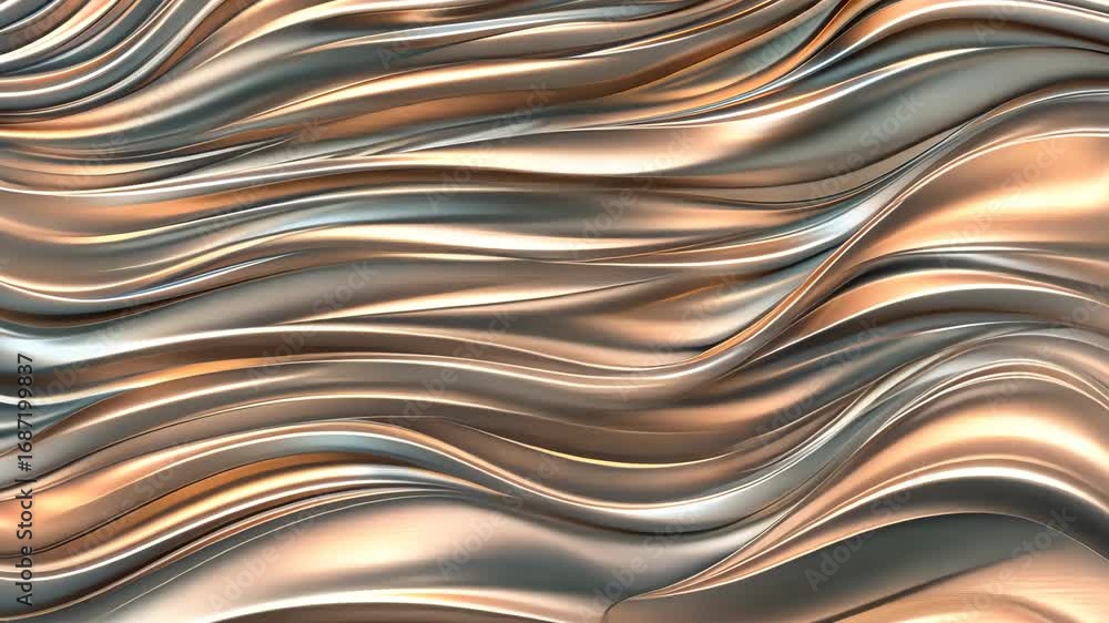 Poster waves of metallic textures shift gracefully, creating a rhythmic flow of silver and gold tones in th