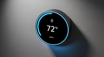 Smart home climate control with sleek digital thermostat interface showing temperature and energy