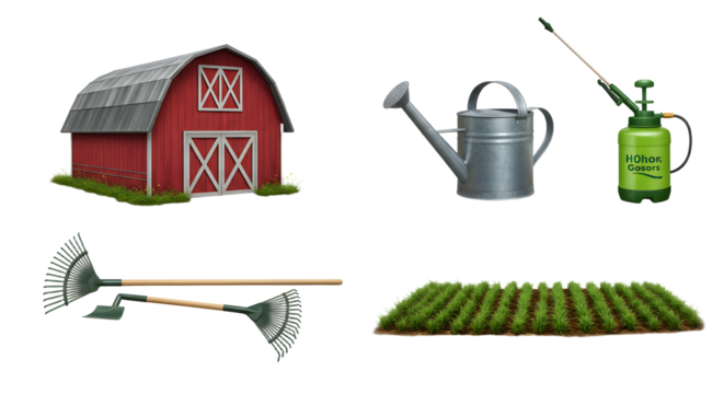 FARMING - Red barn, watering can, garden sprayer, garden rake, and a patch of grass isolated on white background for farming and gardening concepts