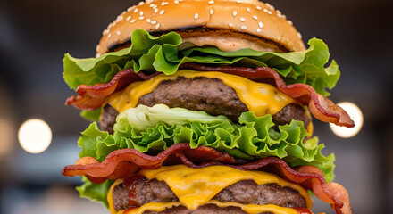 Stacked deliciousness: A towering burger creation with juicy patties crispy bacon fresh lettuce