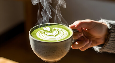 Steaming cup of matcha latte art being held in hand offering a healthy beverage choice