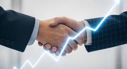 Successful partnership demonstrated with a firm handshake amidst rising progress towards higher