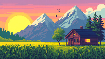 A pixel art illustration of a serene mountain landscape at sunset. In the foreground, there is a vibrant green cornfield stretching across the bottom third of the image.