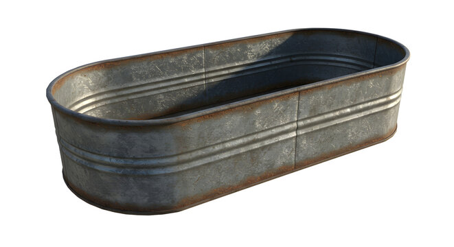 FARMING - Rustic galvanized metal livestock watering trough isolated on white background, perfect for farm and agriculture projects