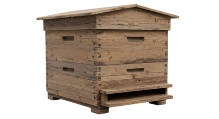 FARMING - Rustic wooden beehive isolated on white background for beekeeping and honey production