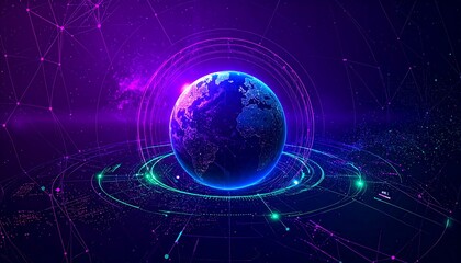 Abstract digital art of Earth surrounded by glowing holographic rings and network connections