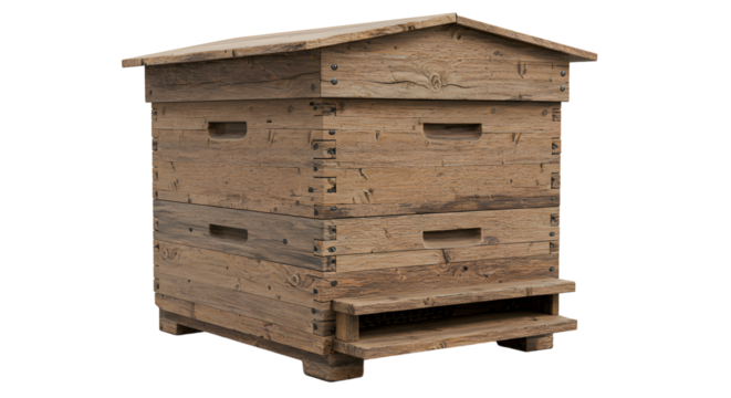 FARMING - Rustic wooden beehive isolated on white background for beekeeping and honey production