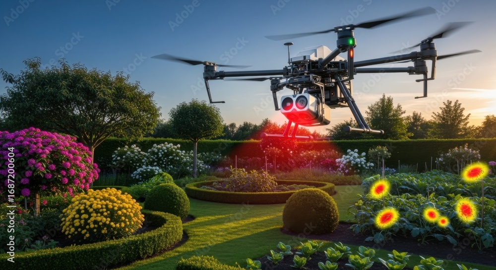 Poster medium shot of a drone flying over a lush garden using infrared sensors to detect unwanted pests for