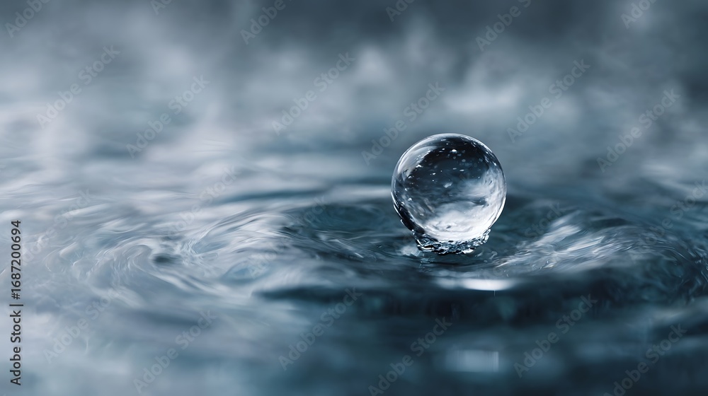 Poster ro view of a clear water droplet creating ripples on a calm liquid surface