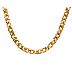 A gold chain necklace, consisting of large, interlocked curb links, isolated on a transparent background 
