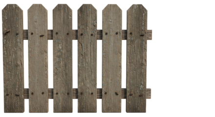 FARMING - Rustic wooden fence isolated on white background with vertical planks and weathered texture, perfect for garden or outdoor themes