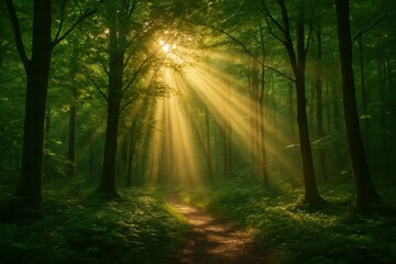 Fototapeta premium Enchanting forest sunbeams filtering through emerald canopy creating magical woodland atmosphere