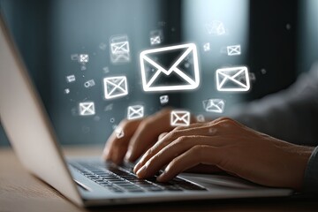 Hands typing on a laptop with email icons floating above