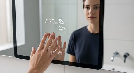 Woman interacting with smart mirror displaying time weather temperature in modern bathroom setting