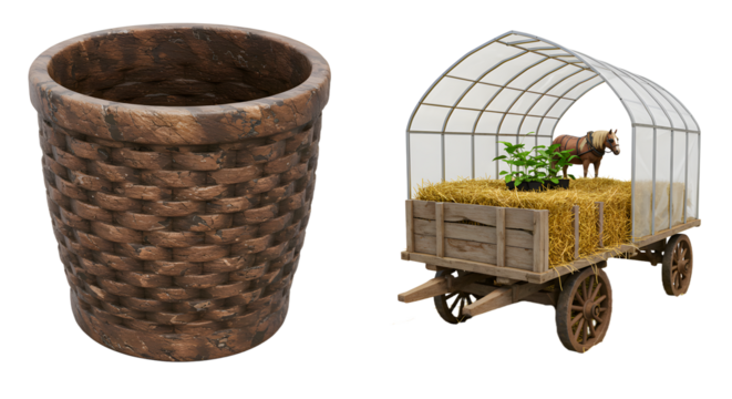 FARMING - Rustic woven basket and covered hay wagon isolated on white background, agricultural tools and vintage farm equipment perfect for farming or rural themes
