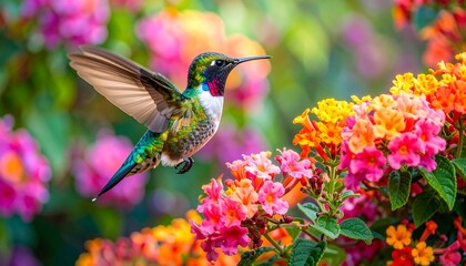 Fototapeta premium Vibrant hummingbird in colorful flowers