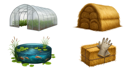 FARMING - Set of farm and garden objects including greenhouse, hay bales, pond with lilies, and gardening gloves on straw, perfect for agricultural and rural themed projects