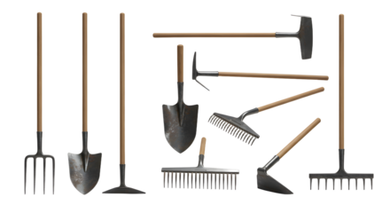 FARMING - Set of garden hand tools including shovels, rakes, hoes, spades, and pitchforks with wooden handles, perfect for gardening and landscaping projects