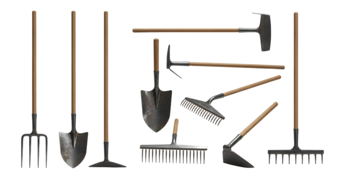 FARMING - Set of garden hand tools including shovels, rakes, hoes, spades, and pitchforks with wooden handles, perfect for gardening and landscaping projects