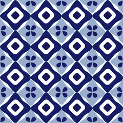 Minimal seamless pattern featuring navy blue and white geometric diamond shapes combined with four-petal floral motifs.