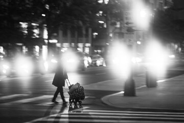 Pedestrian and Traffic Lights in a Hazy Urban Night, Washington D.C.