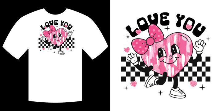 Y2K "LOVE YOU" T-shirt Design with Cute Cartoon Heart and Checkerboard Background