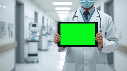 Unrecognizable physician in a sterile hospital corridor holding a digital tablet with a green screen for medical data presentation