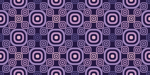 Geometric repeat pattern of rounded square frames set against dark purple backdrop, seamless, repeat, textile, print, geometric pattern