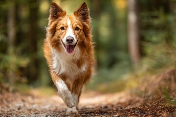 A cheerful dog joyfully runs through a scenic forest path showcasing its playful spirit and love for nature