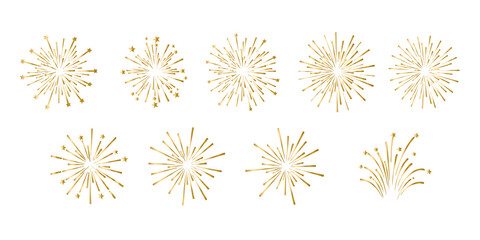 A collection of golden fireworks, thin stroke lines. Vector illustration isolated, transparent background. Design for overlay, montage, texture. Happy New Year concept.