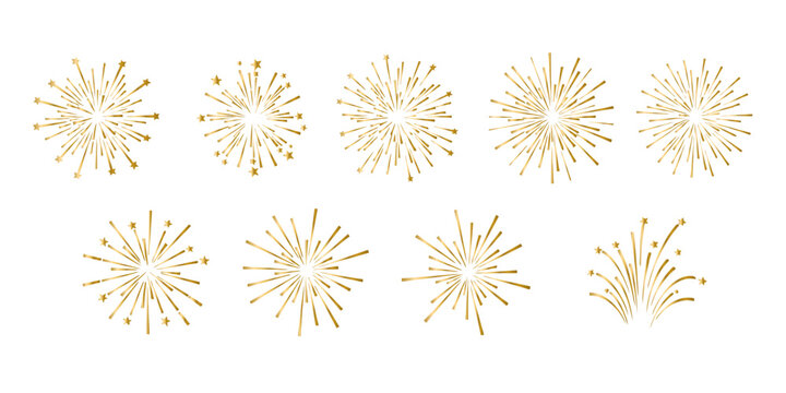 A collection of golden fireworks, thin stroke lines. Vector illustration isolated, transparent background. Design for overlay, montage, texture. Happy New Year concept.