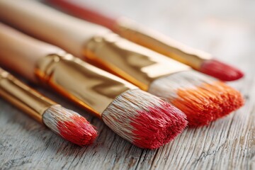 Fototapeta premium Close-up of paintbrushes on wooden surface