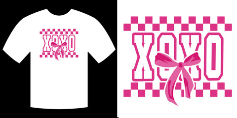 Pink XOXO with Bow and Checkered Border T-Shirt Design