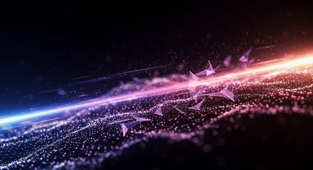 Dynamic abstract futuristic background with a glowing particle stream and sharp geometric fragments, depicting digital energy, data flow, and technological innovation