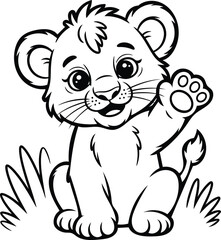 Adorable Cartoon Lion Cub Waving Paw in Black and White Outline Illustration for Coloring Pages and Childrens Books A Sweet and Playful Design