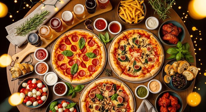 Overhead shot of a table laden with pizzas, appetizers, and beer flights.