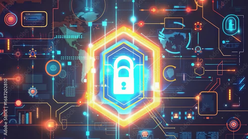 Poster a close-up digital illustration of a lock on a circuit, perfect for use in tech-related designs and 
