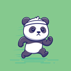 Cartoon panda with headband running on green background