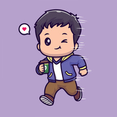 Cartoon boy winks runs with coffee cup and a heart symbol Purple backdrop