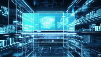 Futuristic wireframe supermarket showing products and sales data on transparent displays - Powered by Adobe