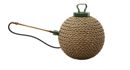 FARMING - Vintage fishing float or bobber made of woven material with a metal loop and attached wire, isolated on white background, perfect for fishing and marine themes