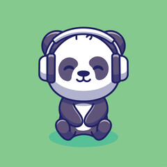 A cartoon panda wearing headphones is sitting with eyes closed on a green background
