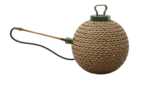 FARMING - Vintage fishing float or bobber made of woven material with a metal loop and attached wire, isolated on white background, perfect for fishing and marine themes