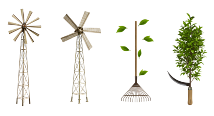 FARMING - Vintage wooden windmill and garden rake with leafy branch isolated on white background, perfect for gardening and outdoor decor projects
